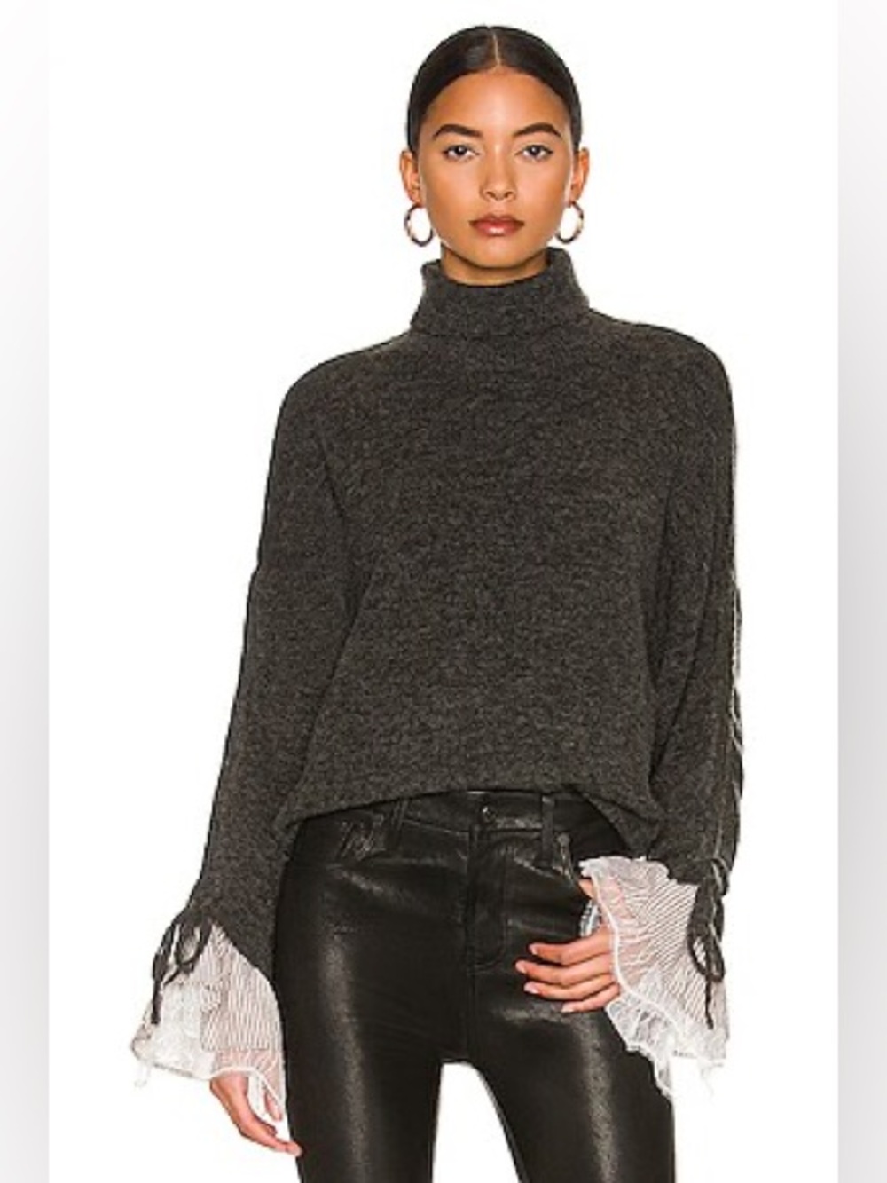 Cinq à Sept Dark Grey Atlas Turtleneck Sweater Wool Silk Blend Tie Cuff Small